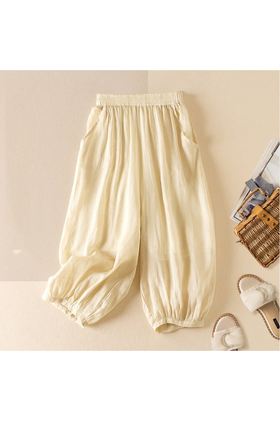 Capris for Women Beige High Waisted Cropped Stretchy Straight Pants Trousers with Pockets