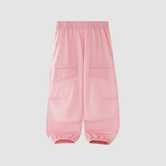 uublik Cargo Pants Girls 3-16 Years Elastic Waist Casual Loose Cargo Trousers with Pockets Street Dance Jogger Pants Kids Pink