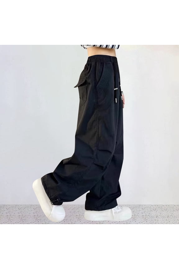 Cargo Pants Girls 5-16 Years Elastic Waist Casual Loose Cargo Trousers with Pockets Street Dance Jogger Pants Kids Black