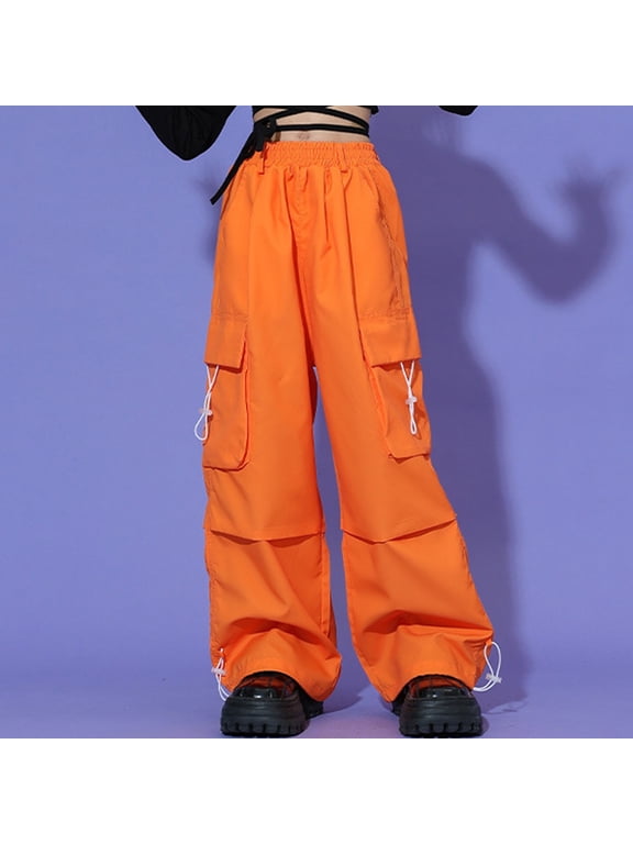 Cargo Pants for Girls 3-14 Years Elastic Waist Casual Loose Cargo Trousers with Pockets Street Dance Jogger Pants Kids Orange