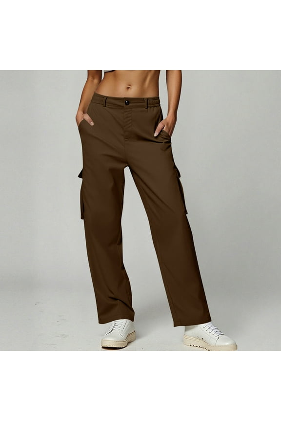 Cargo Scrub Pants for Women Brown High Waist Loose Sweatpants Casual Lounge Yoga Workout Palazzo