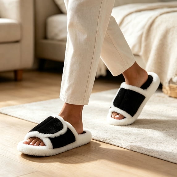 uublik Comfy Fuzzy Slippers for Women Open Toe Memory Foam House Shoes Indoor Outdoor Non Slip House Slides, Black