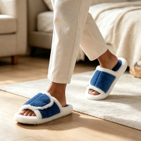 uublik Comfy Fuzzy Slippers for Women Open Toe Memory Foam House Shoes Indoor Outdoor Non Slip House Slides, Blue