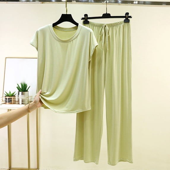 uublik Comfy Pajamas for Women Set 2 Piece Lounge Set Casual Short Sleeve Tops and Wide Leg Pants Loungewear Matching Sleepwear Green