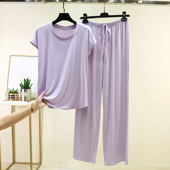 uublik Comfy Pajamas for Women Set 2 Piece Lounge Set Casual Short Sleeve Tops and Wide Leg Pants Loungewear Matching Sleepwear Purple