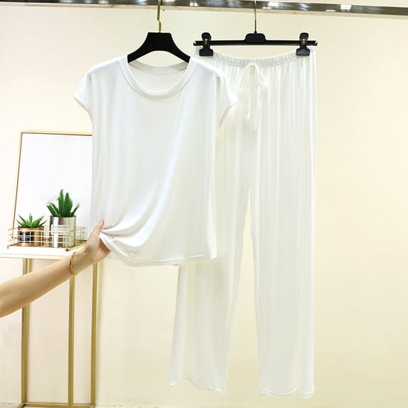 uublik Comfy Pajamas for Women Set 2 Piece Lounge Set Casual Short Sleeve Tops and Wide Leg Pants Loungewear Matching Sleepwear White