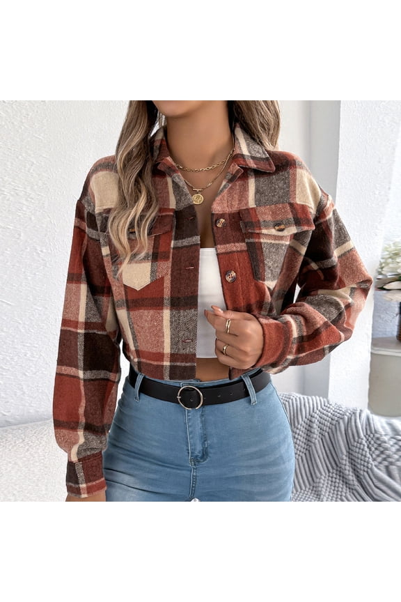 Cropped Jacket Women Long Sleeve Casual Loose Outwear with Pockets Orange Clothes