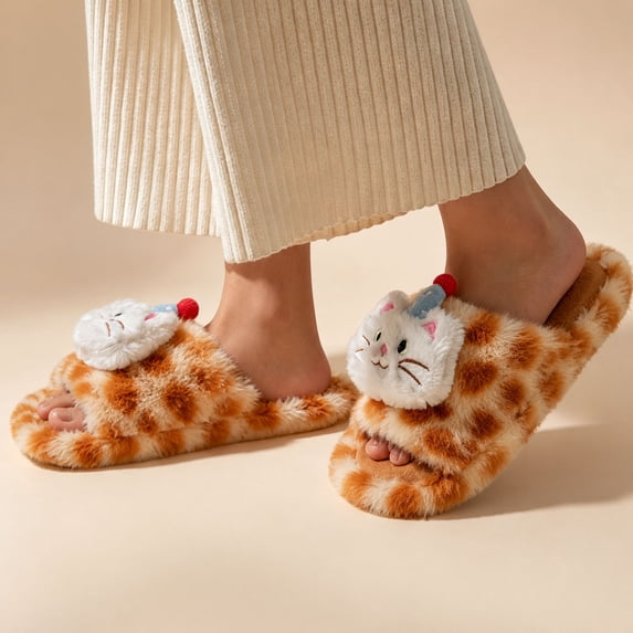 uublik Cute Fuzzy Slippers for Women Memory Foam Open-Toe Slippers Soft Fleece Indoor Shoes Indoor/Outdoor Slippers, Coffee