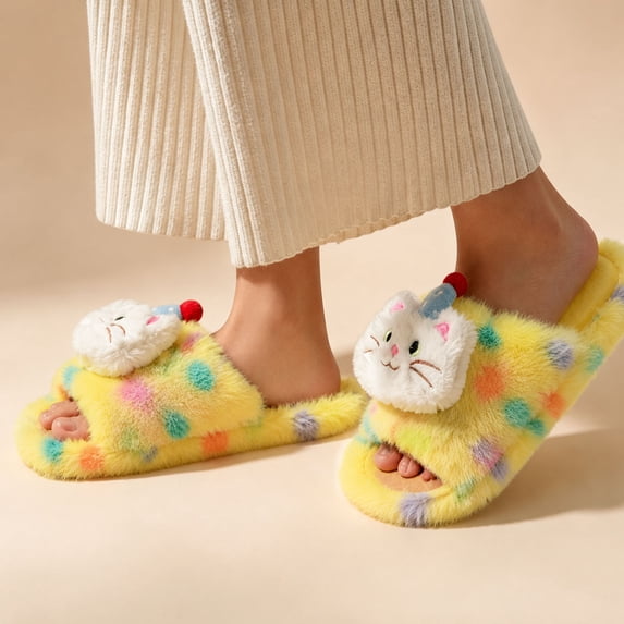 uublik Cute Fuzzy Slippers for Women Memory Foam Open-Toe Slippers Soft Fleece Indoor Shoes Indoor/Outdoor Slippers, Yellow