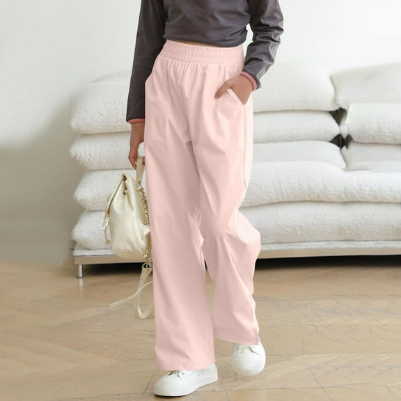 uublik Cute Pants for Teen Girls 3-15 Years Wide Leg Pants Elastic High Waisted Casual Trousers Flowy Palazzo Pants Pink