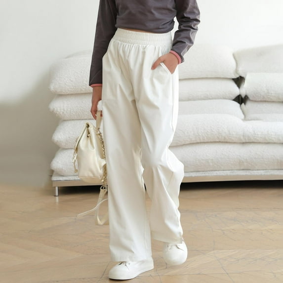 uublik Cute Pants for Teen Girls 3-15 Years Wide Leg Pants Elastic High Waisted Casual Trousers Flowy Palazzo Pants White