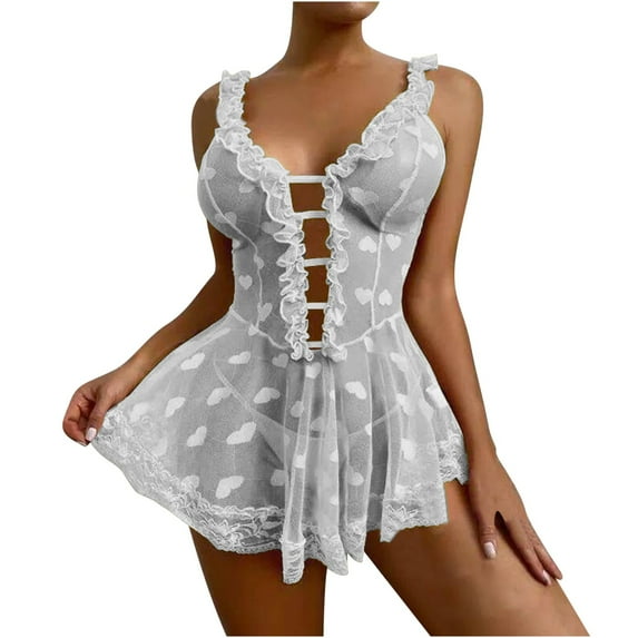 uublik Cute Underwear for Women Valentine's Day Sleepwear Chemise Dress Lace Nighty Nightgowns White L