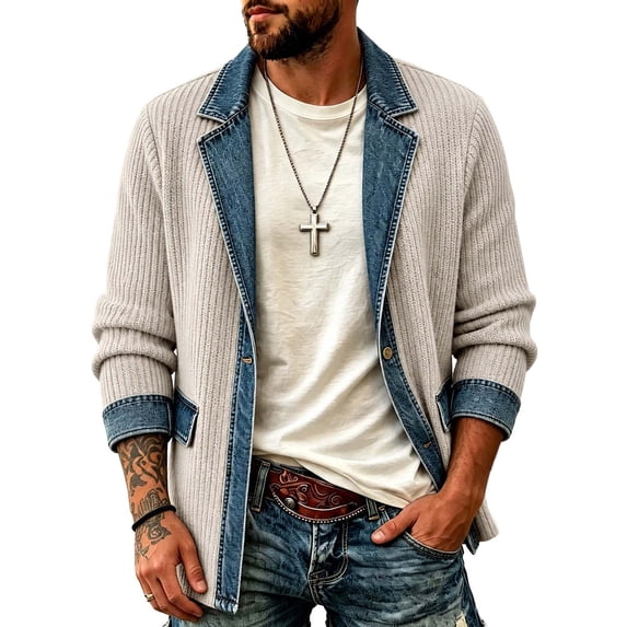 uublik Denim Jackets for Men Trendy Beige Casual Long Sleeve Button Down Classic Jacket Fall Coat