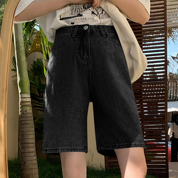 uublik Denim Shorts Women Plus Size High Waisted Trendy Long Stretchy Denim Shorts Knee Length Casual Summer Jorts Black