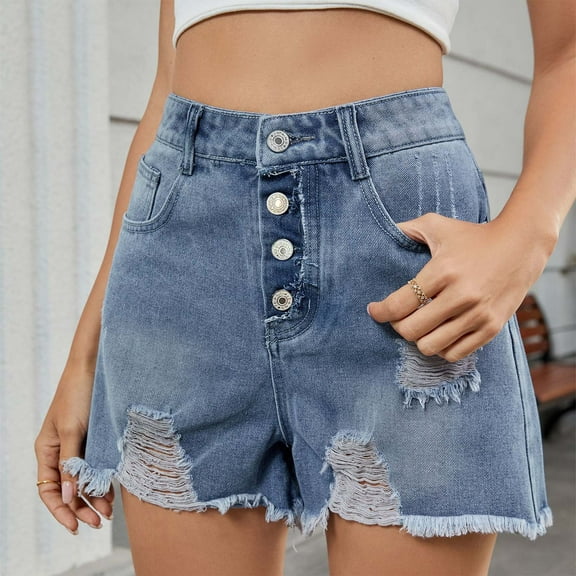 uublik Denim Shorts Women Stretchy High Waisted Denim Shorts Stretchy Ripped Trendy Casual Frayed Hem Blue