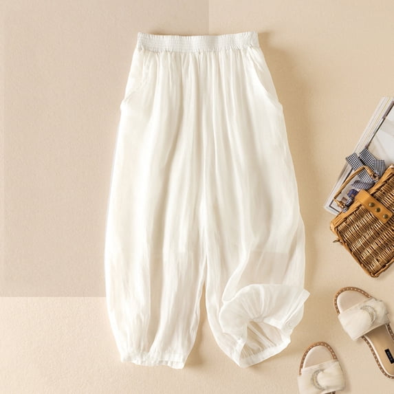 Asgosdo Dress Capri Pants for Women White High Waisted Cropped Stretchy Straight Pants Trousers with Pockets