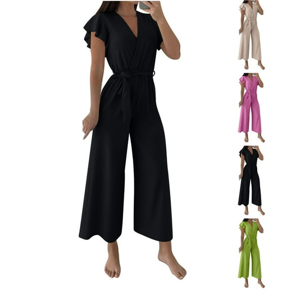 uublik Dressy Jumpsuits for Women Black Elegant Loose Short Sleeve Belted Wide Leg Romper V Neck Formal Overalls