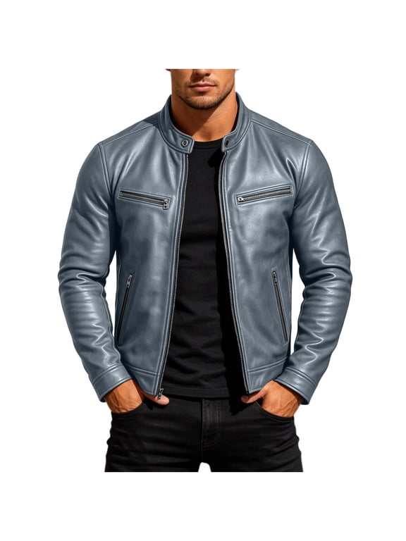 Faux Leather Jacket Men Gray Long Sleeve Casual Zip Up Motorcycle Coats Trendy Fall Clothes