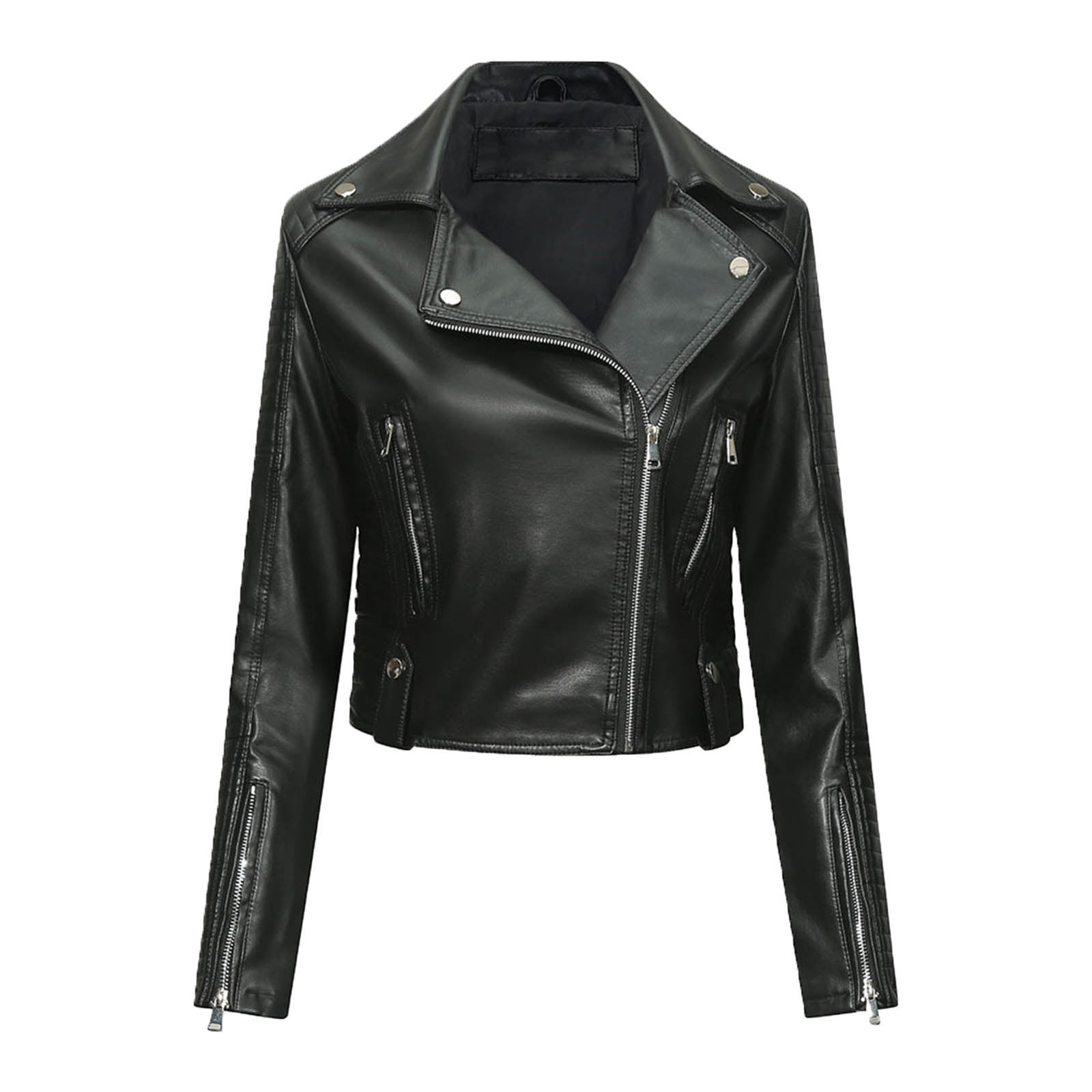DIASHINY Korte kunstleren jas dames met PU ritssluiting korte motorfiets bikerjas mantel, zwart 127, M