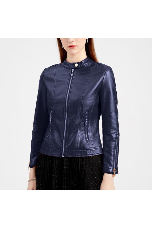 Faux Leather Jacket Women with Moto Details and Front Zip Pockets Navy