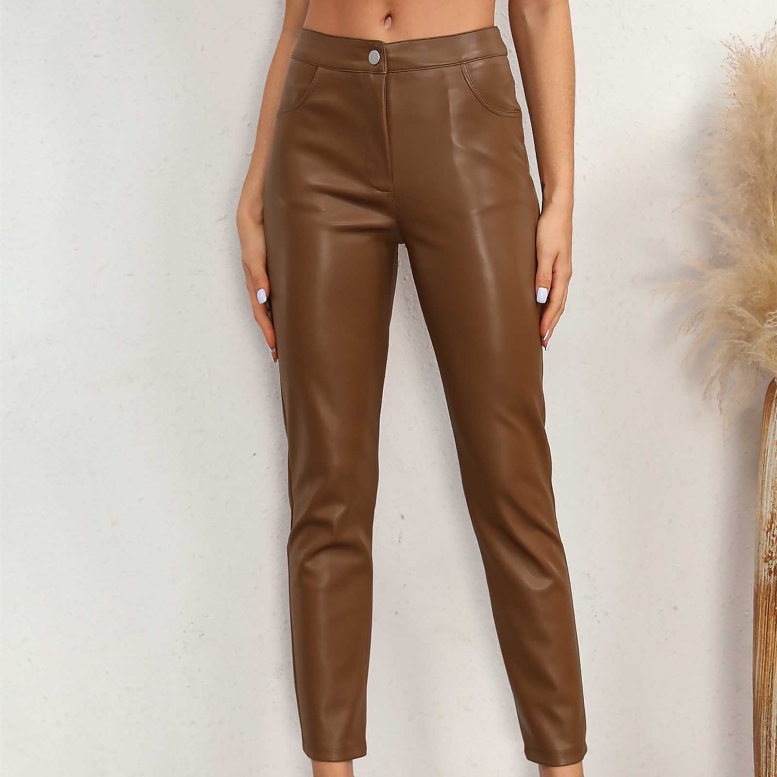 uublik Faux Leather Pants for Women Casual High Rise Pockets Button ...