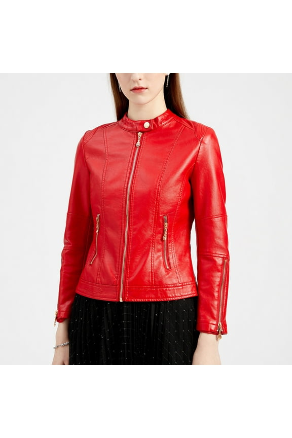 Faux Leather Short Jacket Women with Moto Details and Front Zip Pockets Red