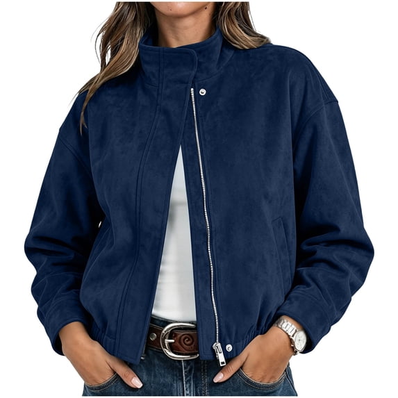 uublik Faux Suede Jackets Women Navy Long Sleeve Casual Zip Up Coat Trendy Fall Clothes