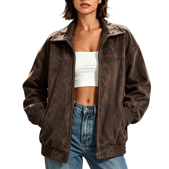 uublik Faux Suede Jackets for Women Coffee Long Sleeve Casual Zip Up Coat Trendy Fall Clothes