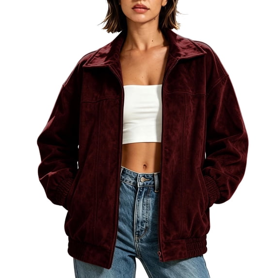 uublik Faux Suede Jackets for Women Wine Long Sleeve Casual Zip Up Coat Trendy Fall Clothes