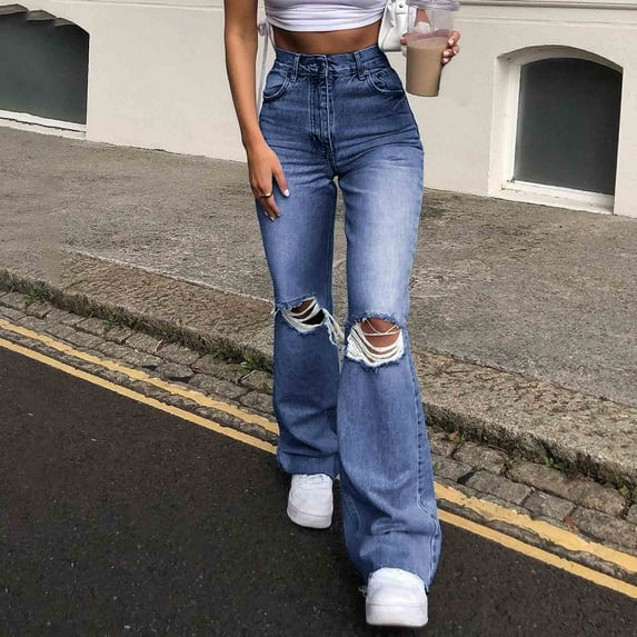 uublik Flare Jeans for Women High Waist High Rise Pull On Ripped Wide Leg Denim Pants