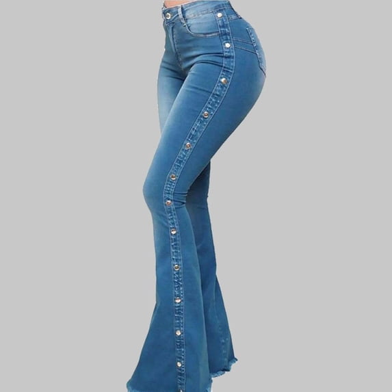 uublik Flare Jeans for Women High Waisted Pull On Bell Bottom Jeans Trendy Elastic Denim Pants, Blue