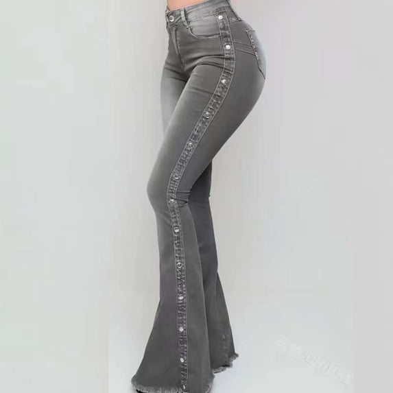 uublik Flare Jeans for Women High Waisted Pull On Bell Bottom Jeans Trendy Elastic Denim Pants, Gray