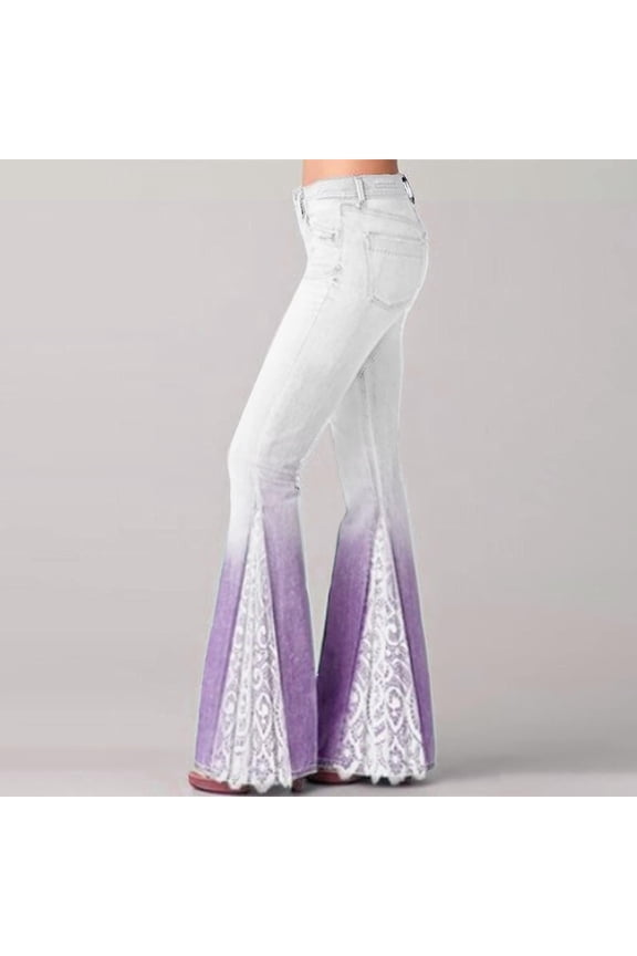 Flared Pants for Women High Waisted Pull On Bell Bottom Pants Trendy Elastic Denim Pants, Purple