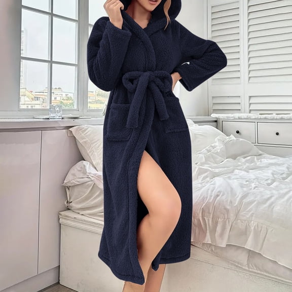 uublik Fleece Bathrobe Women Flannel Robes Casual 2Pcs Long Sleeves Robes Pants Winter Woman Bathrobe Nightwear Navy