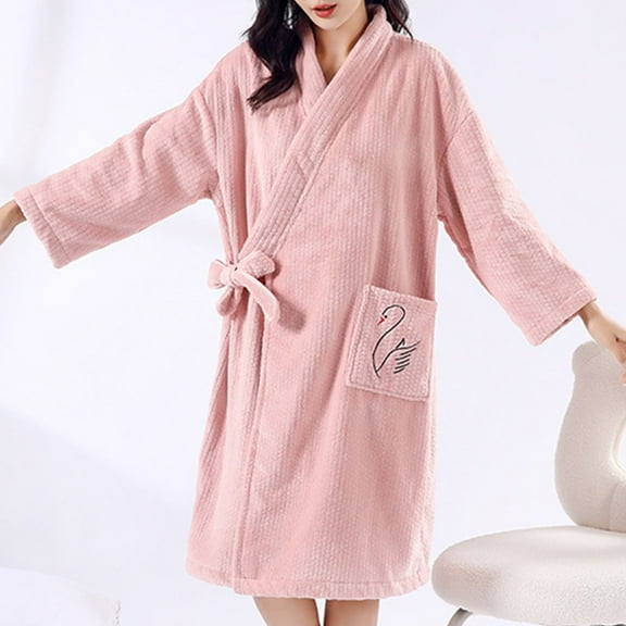 uublik Fleece Bathrobe Women Flannel Robes Casual Long Sleeves Robes Winter Woman Bathrobe Nightwear Pink