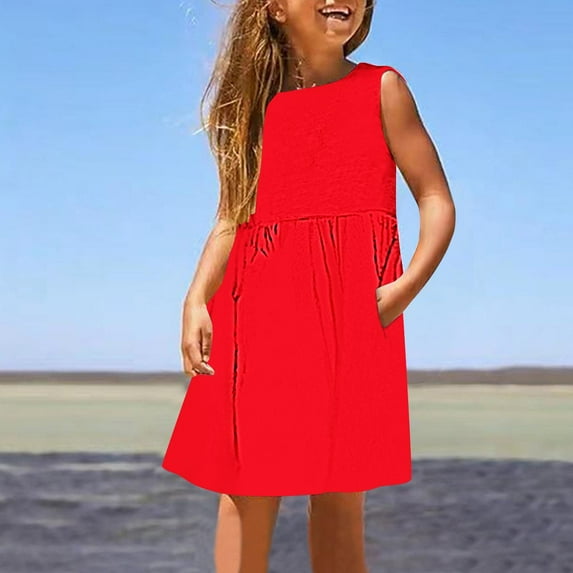 uublik Flower Girl Dress Size 3T-14 Sleeveless A-Line Flowy Sundress Kids Casual Tank Dresses Beach Playwear Outfit Red