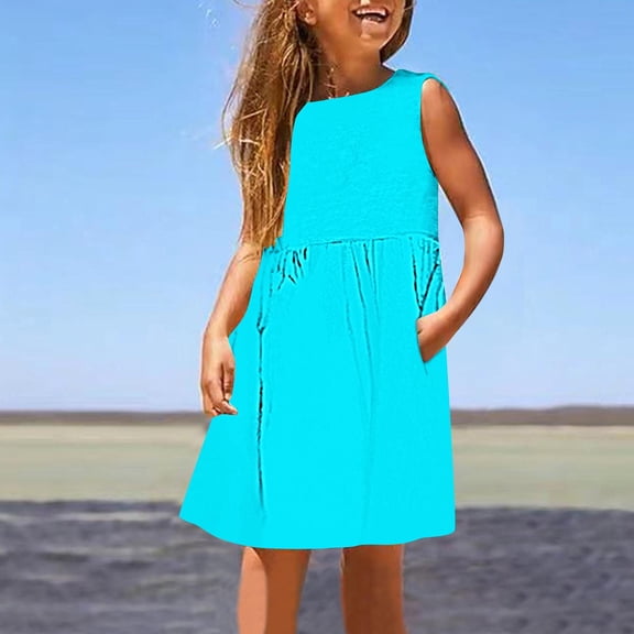 uublik Flower Girl Dresses Size 3T-14 Sleeveless A-Line Flowy Sundress Kids Casual Tank Dresses Beach Playwear Outfit Sky Blue