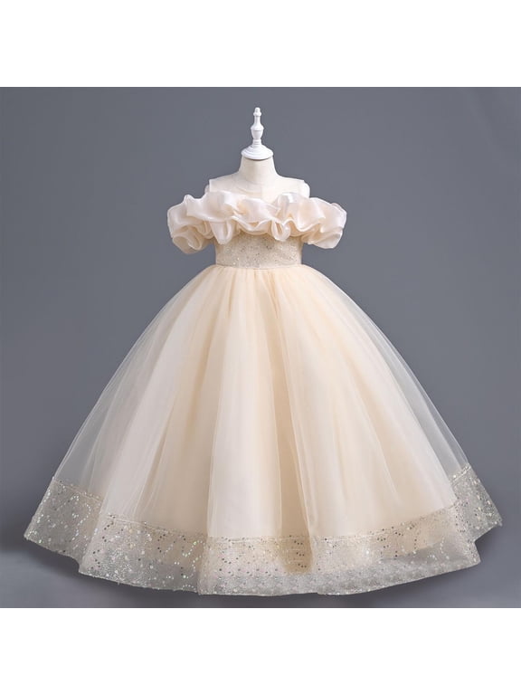 Formal Dresses for Teen Girls Size 7-13 Sleeveless Tulle Dresses Kids Birthday Formal Wedding Pageant Princess Dress Beige