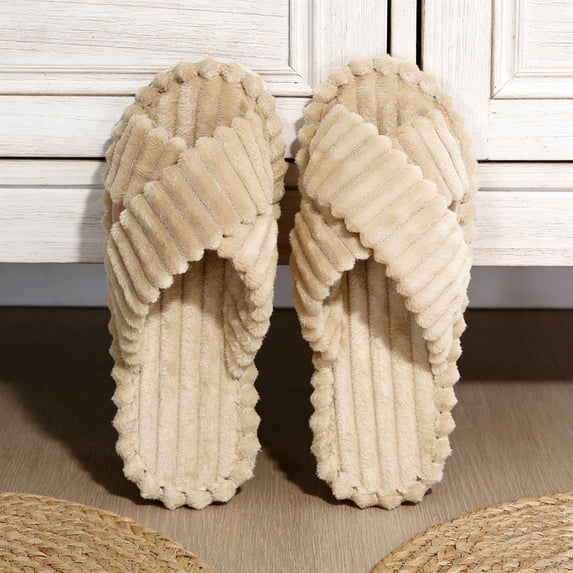 uublik Fuzzy Slippers Women Cozy Memory Foam House Shoes Soft Faux Fur Lightweight Slippers for Indoor Outdoor, Khaki