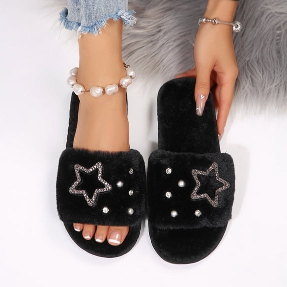 uublik Fuzzy Slippers Women Indoor Home Slippers House Slippers Open-Toe Breathable Winter Indoor Slippers, Black