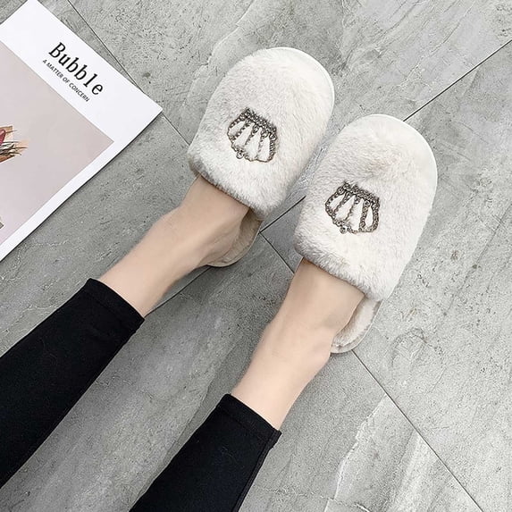 uublik Fuzzy Slippers for Women Memory Foam House Slippers Indoor Outdoor Cozy Plush Closed Toe House Shoes, White