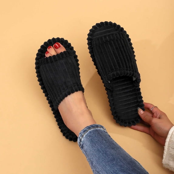 uublik Fuzzy Slippers for Women Open Toe Memory Foam House Shoes Indoor Outdoor Non Slip House Slides, Black