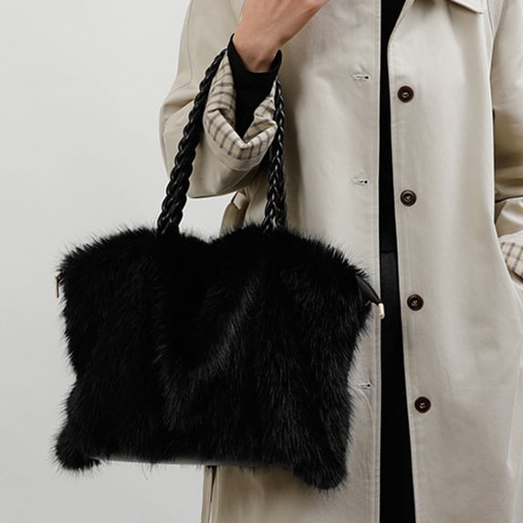 uublik Fuzzy Tote Bag for Women Large Capacity Cute Tote Bags Fall And Winter Crossbody Shoulder Handbag for Work Travel Gym, Black