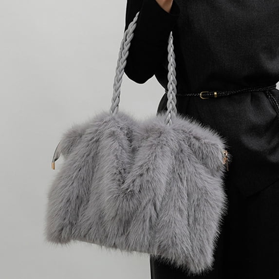 uublik Fuzzy Tote Bag for Women Large Capacity Cute Tote Bags Fall And Winter Crossbody Shoulder Handbag for Work Travel Gym, Gray