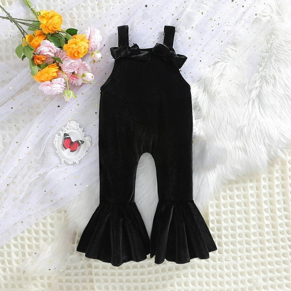 uublik Flare Pants for Girls Comfortable Casual Bow Strap Jumpsuits Rompers Black, Size 3T-7