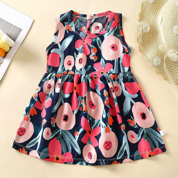 uublik Girls Graduation Dress Size 6M-11 Sleeveless Dress Round Neck Floral Printed Sundress for Casual Home Party Beach Dark Blue