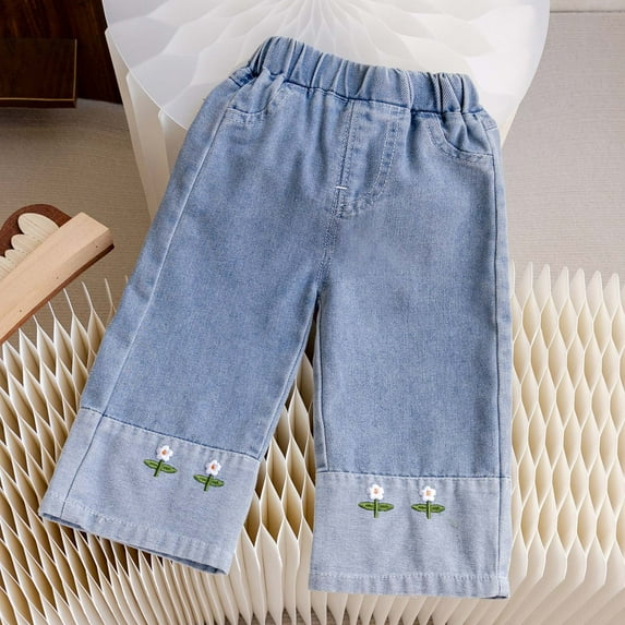 uublik Girls' Jeans 2-11 Years Kids Girls Casual Baggy Wide Leg Denim Pants Elastic Waist Casual Jeans Elastic Waist Wide Blue