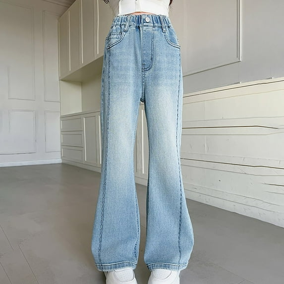 uublik Girls Jeans 3-14 Years Kids Girls Casual Baggy Wide Leg Denim Pants Elastic Waist Casual Jeans Elastic Waist Wide Blue