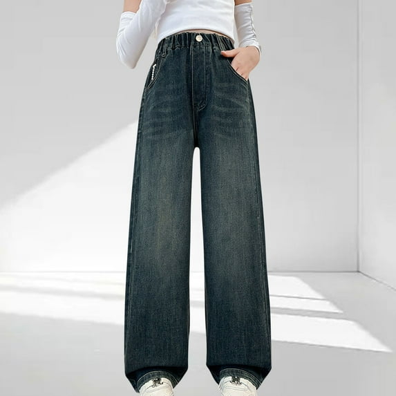 uublik Girls' Jeans 4-16 Years Denim Straight Wide Leg Pants Casual Baggy Elastic Waist Trousers Vintage Jeans Black
