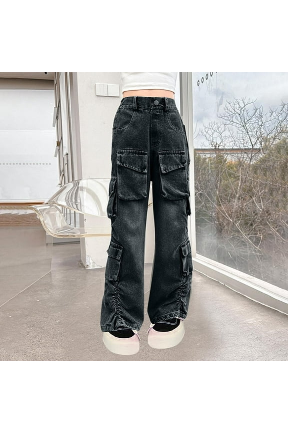 Girls Jeans Size 5T-16 Kids Cargo Pants Elastic Waist Lightweight Outdoor Jogger Pants Black